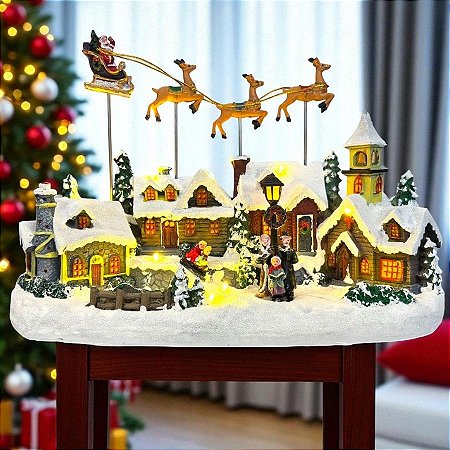 Cenário De Natal - Papai Noel e Renas Voadoras com Som, Movimento e Luz - 34x16,5x23cm - 1 unidade - Rizzo