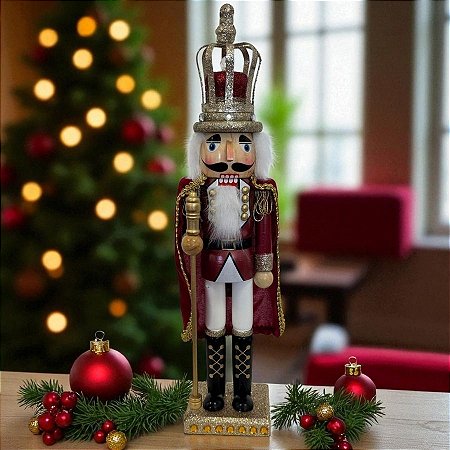 Soldado de Chumbo Rei Quebra Nozes de Madeira com Lança - 42,5cm - Vermelho e Dourado - 1 unidade - Rizzo