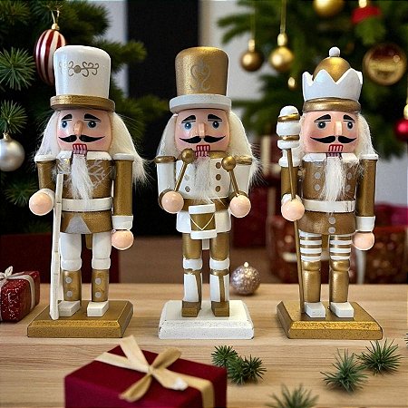 Kit Boneco Soldado Quebra Nozes de Madeira - Branco e Dourado - 15,5cm - 3 unidades - Rizzo
