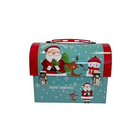 Lata de Metal de Natal - Caixa Maleta Cofre Vermelho - 17cm - "Merry Christmas" Papai noel, Rena e Boneco de Neve - Verd