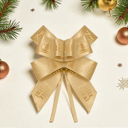 Laço Fácil de Fita de Cetim Decorada - Ouro Feliz Natal - 22mm  - 5 unidades - Progresso - Rizzo