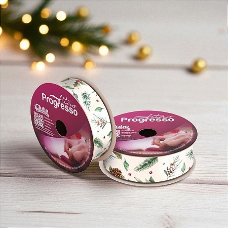 Fita de Cetim 10m x 22mm - Cor 220 - Galhos e Pinhas de Natal - Rolo 10 metros   - 1 unidade - Progresso - Rizzo