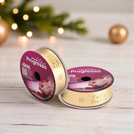 Fita de Cetim 10m x 22mm - Cor 1080 - Feliz Natal Ouro - Rolo 10 metros   - 1 unidade - Progresso - Rizzo