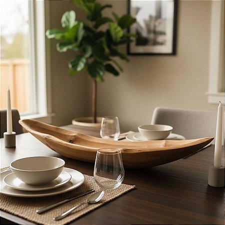 Bandeja Decorativa em Madeira Natural Formato Canoa - 56x13x8cm - 1 unidade - Rizzo