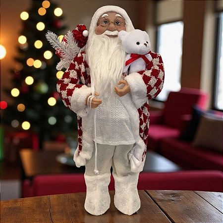 Papai Noel Decorativo em Pé com Saco de Presentes e Urso - Vermelho e Branco - 45cm - 1 unidade - Rizzo