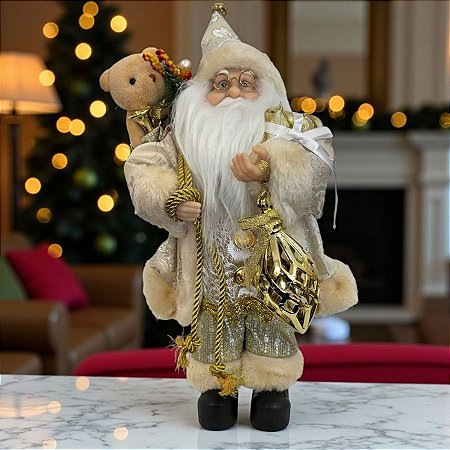 Papai Noel Decorativo em Pé com Saco de Presentes e Enfeite - Dourado - 30cm - 1 unidade - Rizzo