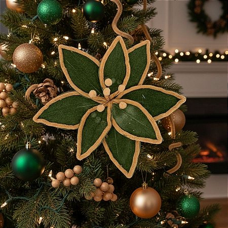 Poinsétia Decorativa - Veludo - Verde e Bege - 39x28cm - 1 unidade - Cromus - Rizzo