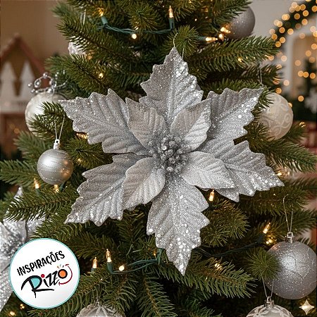 Poinsétia Decorativa - Prata Com Glitter - 23x24,5cm - 1 unidade - Cromus - Rizzo
