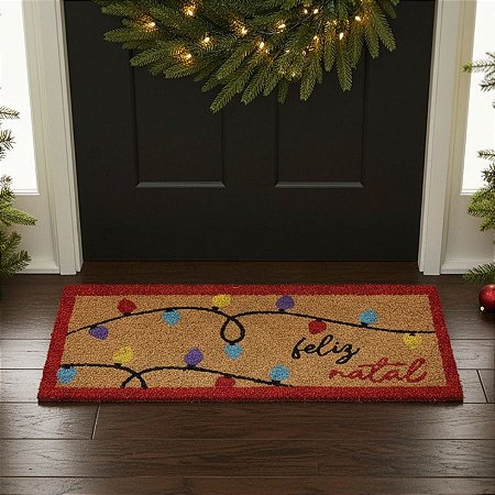 Capacho De Fibra - Feliz Natal Com Pisca Pisca - 55x25cm - 1 unidade - Cromus - Rizzo