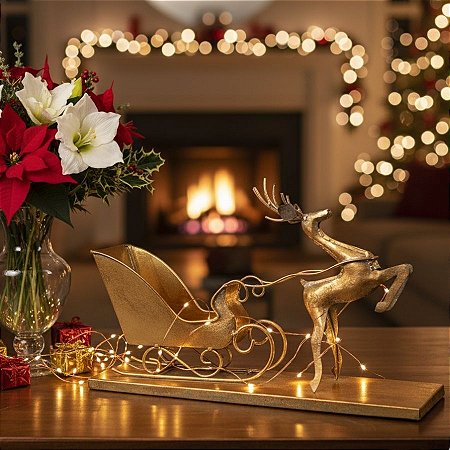 Enfeite Decorativo de Natal - Trenó e Rena de Ferro - Dourado - 21x38x10cm - 1 unidade - Cromus - Rizzo