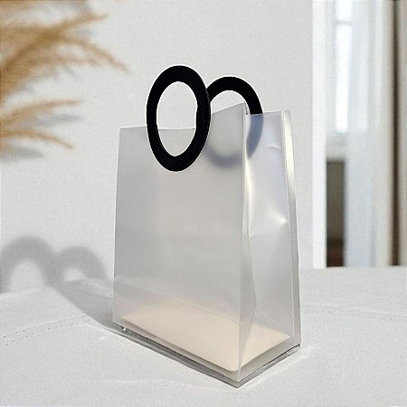 Sacola Transparente Fosca PVC com Alça Redonda de Couro Preto - 23x20x10cm  - 1 unidade - Rizzo