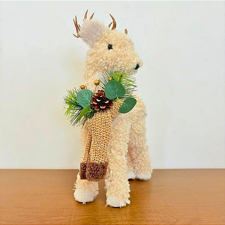 Enfeite Decorativo de Natal - Rena Bege - Cachecol e Plantas - 39,5x22x11,5cm - 1 unidade - Cromus - Rizzo