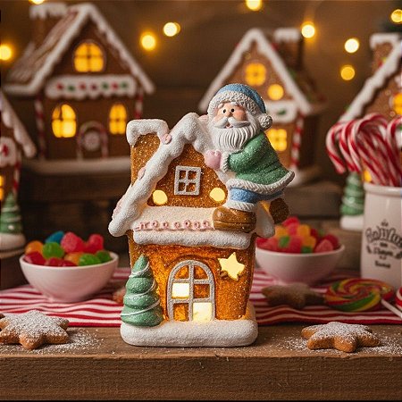 Enfeite De Natal em Resina - Casa Ginger Bread Com LED Com Papai Noel No Telhado - 19,5x14cm - 1 unidade - Rizzo