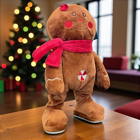 Pelúcia de Natal com Som e Movimento - Boneco de Gengibre com Cachecol - 18x32x11cm - 1 unidade - Rizzo