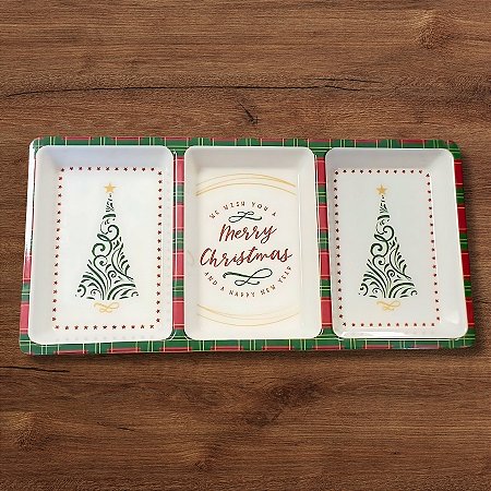 Petisqueira de Natal 3 Divisões - Xadrez Verde e Vermelho - 31x15,3x2,3cm - 1 unidade - FlorArte - Rizzo