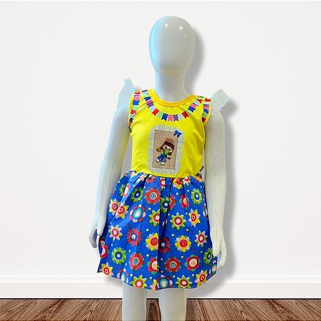 Vestido de Festa Junina Colorido - Bonequinha - Amarelo e Azul - M - 1 unidade - Rizzo