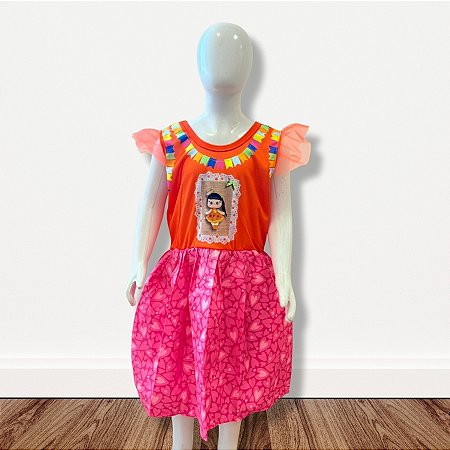 Vestido de Festa Junina Colorido - Bonequinha - Laranja e Rosa - GG - 1 unidade - Rizzo