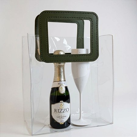 Sacola Transparente PVC com Alça Retangular Couro Verde - 19,4x17x9cm - 10 unidades - 10 unidades - Cromus - Rizzo