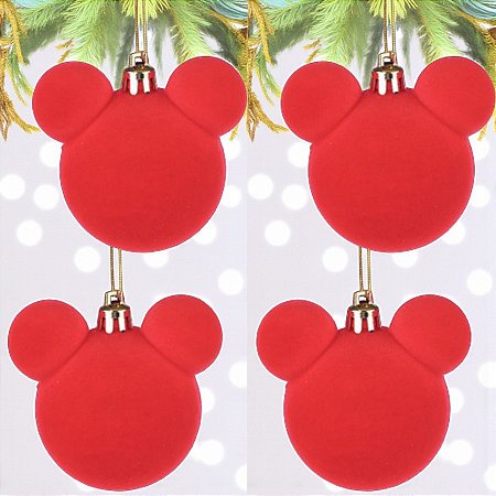 Bola de Natal - Mickey - Aveludada Vermelha - 8cm - 4 unidades - Disney Original - Rizzo