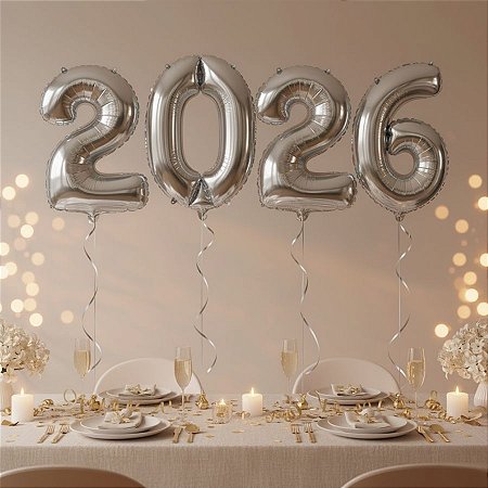 Balão de Festa Microfoil 16" 40cm - Kit "2026" Prata - 1 unidade - Rizzo
