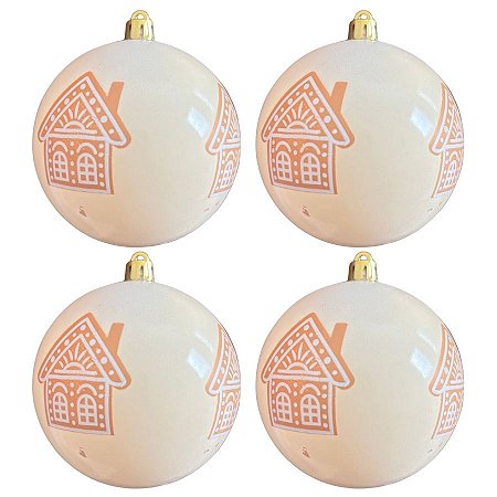 Bolas de Natal - Bege com Ginger  Branco/Bege/Marrom - 10x10cm   - 4 unidades - Cromus - Rizzo