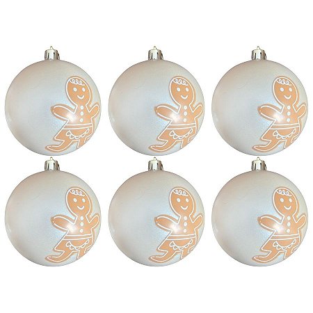 Bolas de Natal - Bege com Ginger  Branco/Bege - 8x8cm   - 6 unidades - Cromus - Rizzo