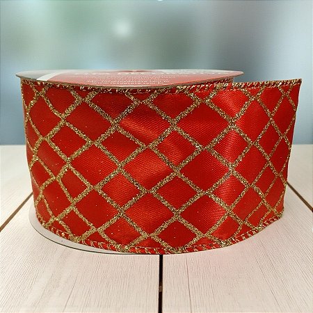 Fita Decorativa - Vermelho com Traços Dourados e Glitter - 6,3x914cm - 1 unidade - Rizzo