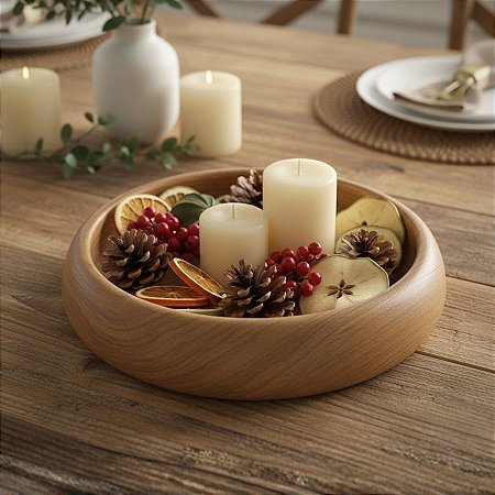 Centro De Mesa Tigela Redonda em Madeira - 27x27x7cm - 1 unidade - Rizzo