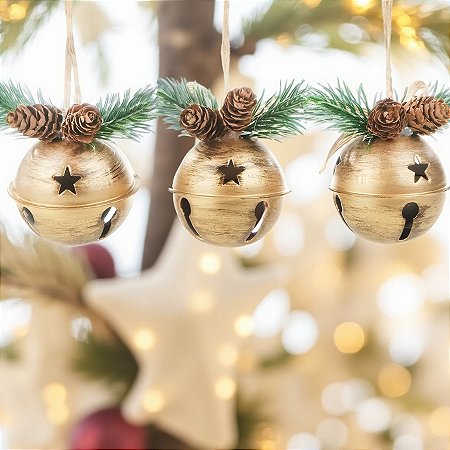 Enfeite Para Pendurar de Natal - Guizo Ouro - 7x9x5cm - 3 unidades - Cromus - Rizzo