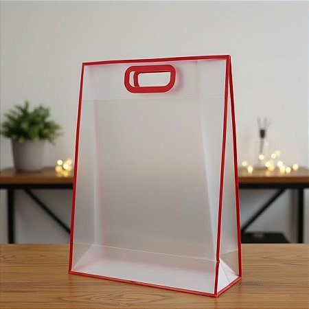 Sacola Transparente Fosca Pvc Alça Plana Vermelho - 40x30x12cm - 12 unidades - Rizzo