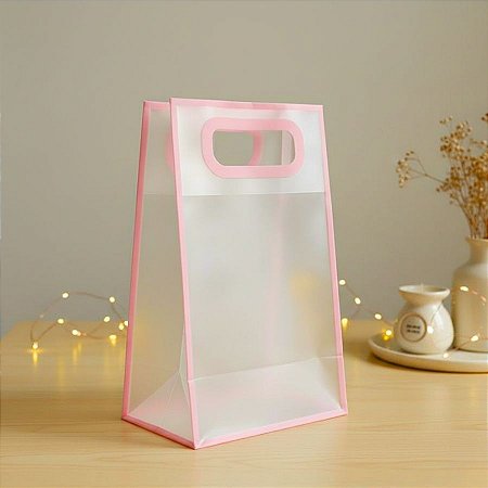 Sacola Transparente Fosca Pvc Alça Plana Rosa Bebê - 25x15x10cm - 12 unidades - Rizzo