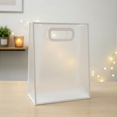 Sacola Transparente Fosca Pvc Alça Plana Branco -  27x21x11cm - 12 unidades - Rizzo
