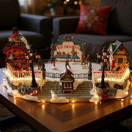 Cenário De Natal - Estação de Patinação no Gelo com Som , Luz e Movimento - 40,5x28x17cm - 1 unidade - Rizzo
