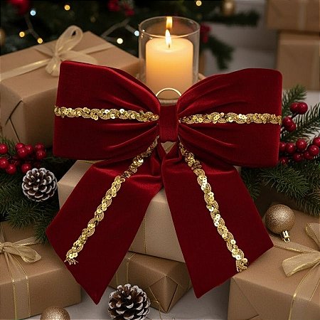 Laço de Veludo Vermelho e Galão Dourado G - 31x39x7cm   - 1 unidade - Rizzo