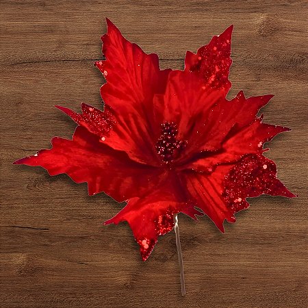 Poinsétia Decorativa - Veludo Vermelho com Glitter - 25,5x25x9cm - 1 unidade - Cromus - Rizzo
