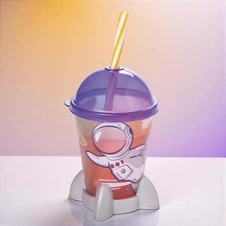 Copo Foguete com Tampa e Canudo - Astronauta Laranja - 280ml - 1 unidade - Plásutil - Rizzo