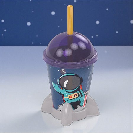 Copo Foguete com Tampa e Canudo - Astronauta Azul - 280ml - 1 unidade - Plasútil - Rizzo