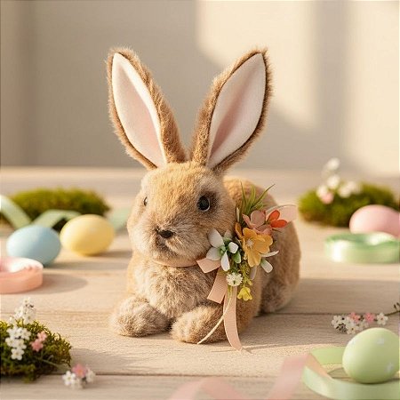 Enfeite decorativo de Páscoa - Coelho com Laço de Arranjo de Flores - 19x28,5cm - 1 unidade - Cromus - Rizzo