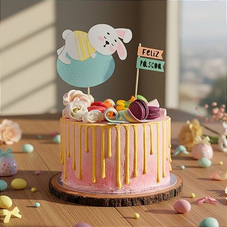 Kit Topo de Bolo - Feliz Páscoa Coelhinho Dormindo - 15cm - 1 unidade - Rizzo