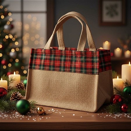 Sacola de Juta de Natal - Vermelho Xadrez - 27x16x17cm - 1 unidade - EcoArt - Rizzo