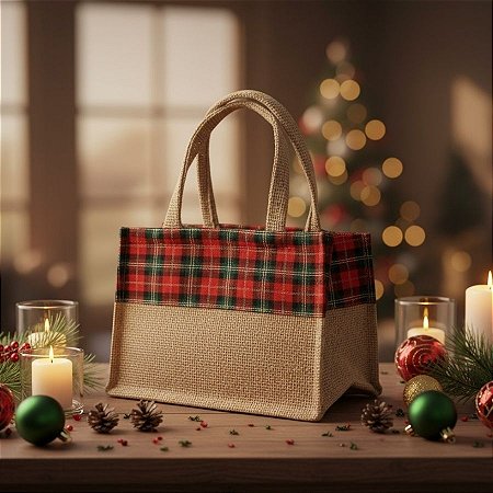 Sacola de Juta de Natal - Vermelho Xadrez - 24x14x14cm - 1 unidade - EcoArt - Rizzo