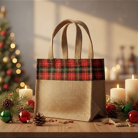 Sacola de Juta de Natal - Vermelho Xadrez  - 18x12x11cm - 1 unidade - EcoArt - Rizzo