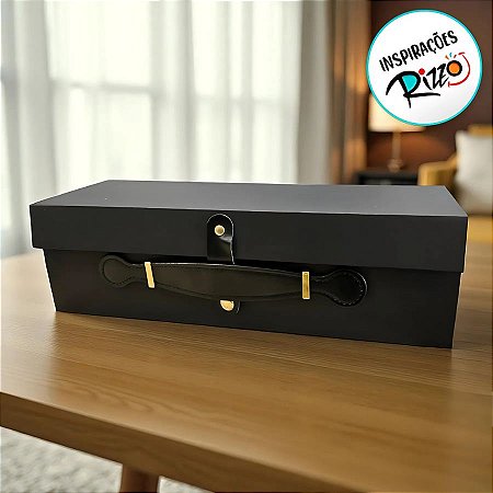Caixa de Papel Rígido para Garrafa Retangular com Alça e Imã - Preto - 33,5x10,2x10,1cm - 1 unidade - Rizzo