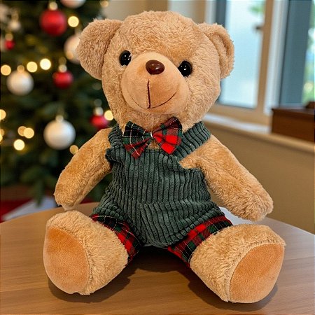 Urso de Pelúcia Bege - Roupa Verde e Laço - 25cm - 1 unidade - Cromus - Rizzo