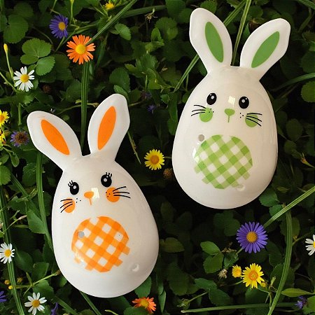 Ovinhos de Plástico Casal Coelho - Verde e Laranja - 8,5x4cm - 6 unidades - Cromus - Rizzo