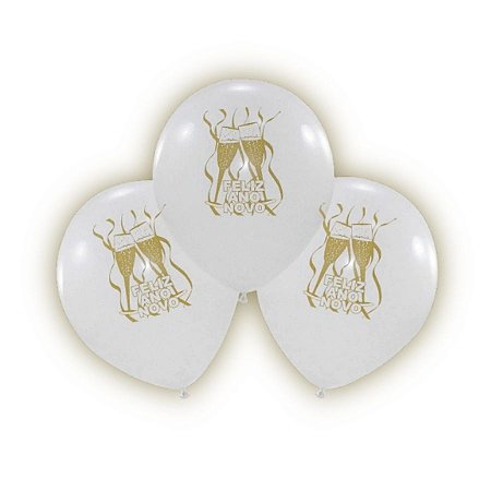 Balão de Festa Decorado 11" 27cm - Feliz Ano Novo - Branco - 25 unidades - Happy Day - Rizzo