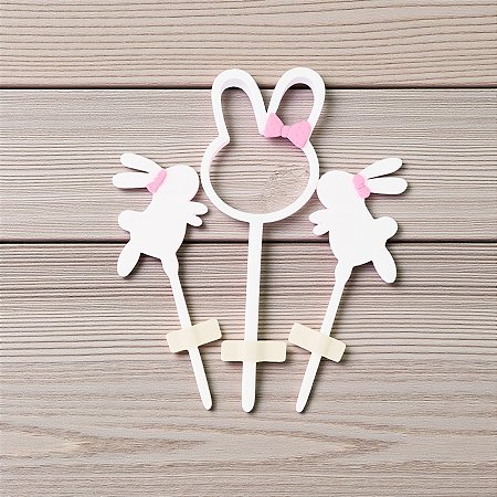Pick Decorativo de Páscoa - Coelho Branco com Laço Rosa - 6,5x20cm - 3 unidades - Rizzo
