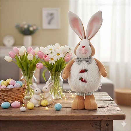 Enfeite Decorativo de Páscoa Coelho Peludo com Cenouras - 46cm - 1 unidade - Rizzo