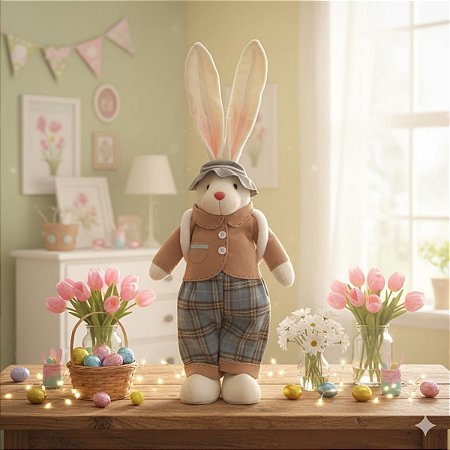Enfeite Decorativo de Páscoa - Coelho de Roupa Xadrez e Bolsa - 51cm - 1 unidade - Cromus - Rizzo