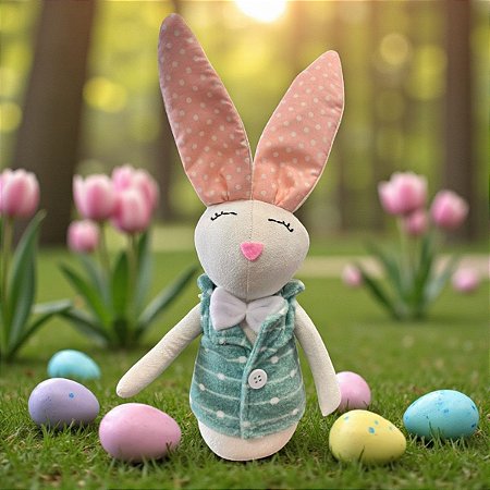 Enfeite Decorativo de Páscoa - Coelha com Roupa Verde e Bolinhas - 27cm - 1 unidade - Rizzo